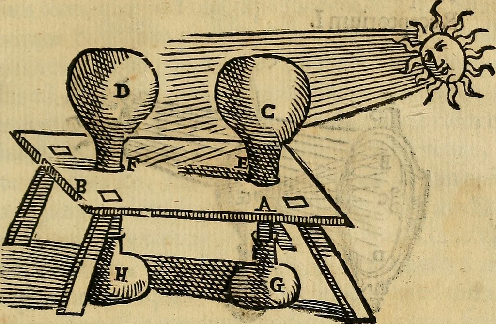An illustration from Io. Bap. Portae Neopolitani de distillatione lib. IX : quibus certa methodo, multipliciq[ue] artificio, penitioribus naturae arcanis detectis, cuius libet mixti in propria elementa resolutio, perfectè docetur, 1608, leaf 54
