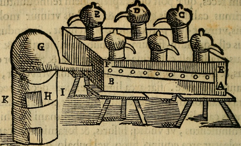 An illustration from Io. Bap. Portae Neopolitani de distillatione lib. IX : quibus certa methodo, multipliciq[ue] artificio, penitioribus naturae arcanis detectis, cuius libet mixti in propria elementa resolutio, perfectè docetur, 1608, leaf 57