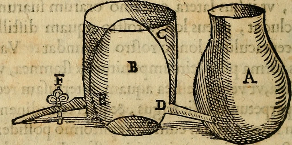 An illustration from Io. Bap. Portae Neopolitani de distillatione lib. IX : quibus certa methodo, multipliciq[ue] artificio, penitioribus naturae arcanis detectis, cuius libet mixti in propria elementa resolutio, perfectè docetur, 1608, leaf 95