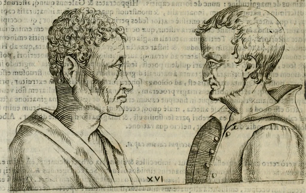 An illustration from Io. Batis. Portae Neap. De humana physiognomia li. VI : in quibus docetur quom[odo] animi propentes naturalibus remediis compesci possint, 1602, leaf 55