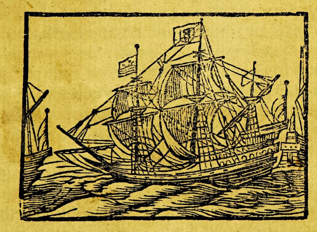 An illustration from Ioernael. ofte. Uoyagie vande Groenlants-vaerders, namelijck vande seven matrosz. die ghebleven waren op het eylant genaemt Mauritius om op het selfde eylant te overwinteren, oock om te besien hoe hem dit lant toe soude draghen, den gheheelen winter. Noch hebt ghy hier by, de beschrivinghe van haer handel, ende wandel, oock wat sy gehoort ende gesien hebben, als beeren, wal-vischen ende meer andere zeegedrochten, alles perfecktelijcken beschreven, tot de tijt hares overlijdens toe, 1634, leaf 7