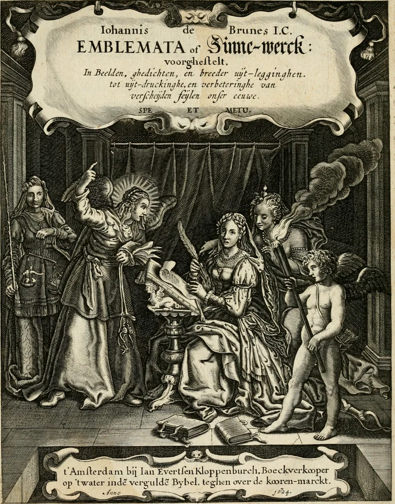 An illustration from Iohannis de Brunes I.C. Emblemata, of, Zinne-werck : voorghestelt in beelden, ghedichten en breeder uijt-legginghen, tot uijt-druckinghe en verbeteringhe van verscheijden feijlen onser eeuwe, 1624, leaf 8