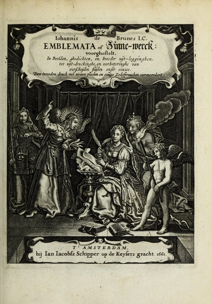 An illustration from Iohannis de Brunes I.C. Emblemata of zinne-werck : voorghestelt in beelden, ghedichten, en breeder uijt-legginghen, tot uijt-druckinghe en verbeteringhe van verscheijden feijlen onser eeuwe, 1661, leaf 9