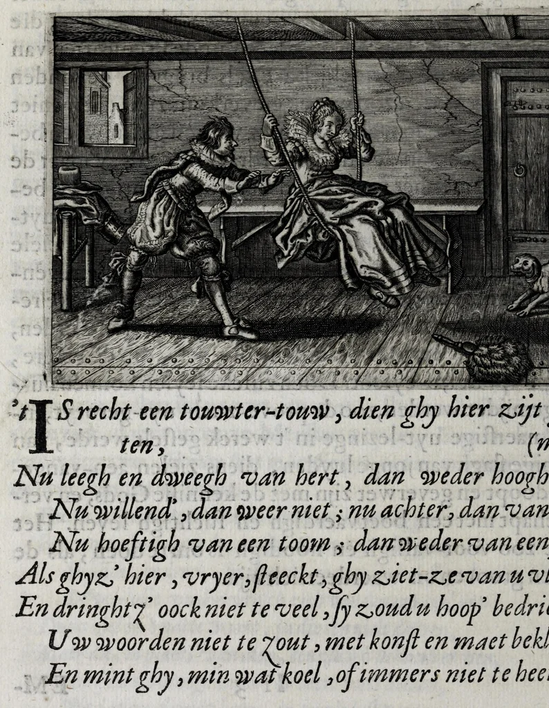 An illustration from Iohannis de Brunes I.C. Emblemata of zinne-werck : voorghestelt in beelden, ghedichten en breeder uijt-legginghen, tot uijt-druckinghe en verbeteringhe van verscheijden feijlen onser eeuwe, 1661, leaf 294