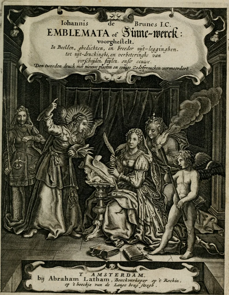 An illustration from Iohannis de Brunes I.C. Emblemata of Zinne-werck : vorghestelt, in beelden, ghedichten, en breeder uijt-legginghen, tot uijt-druckinghe, en verbeteringhe van verscheijden feijlen onser eeuwe, 1661, leaf 10