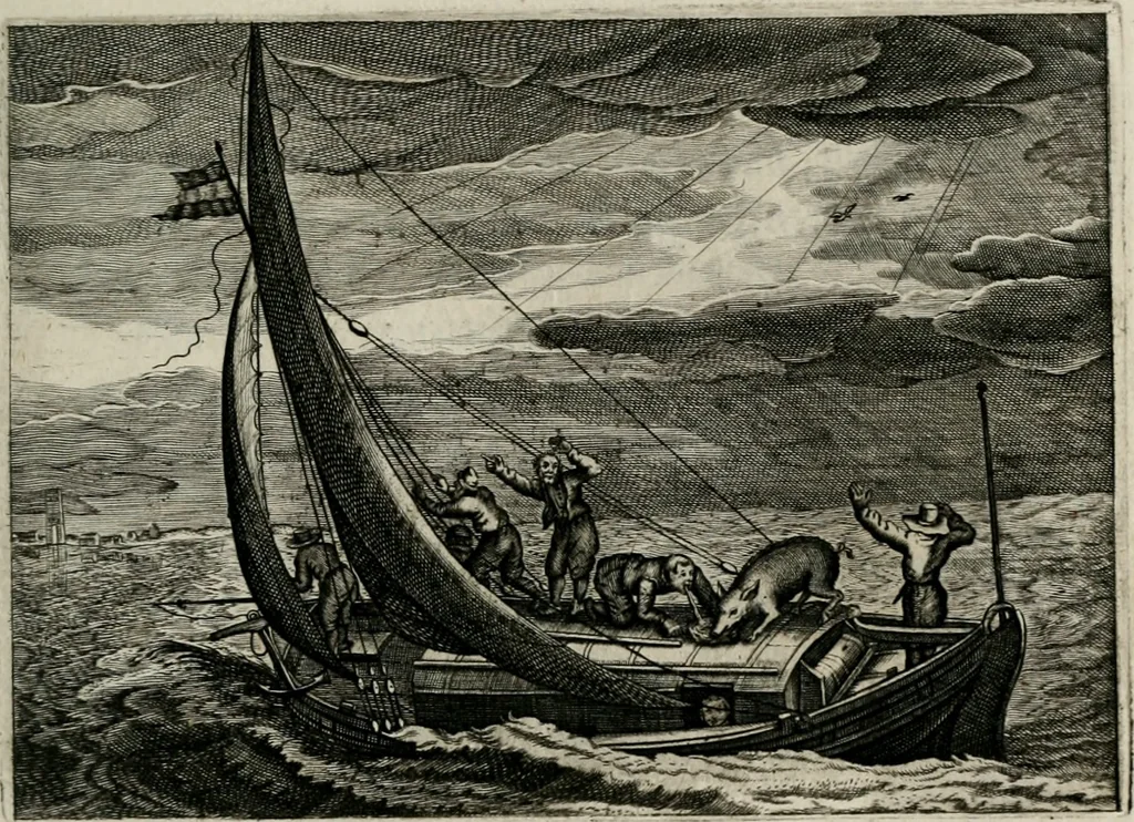 An illustration from Iohannis de Brunes I.C. Emblemata of Zinne-werck : vorghestelt, in beelden, ghedichten, en breeder uijt-legginghen, tot uijt-druckinghe, en verbeteringhe van verscheijden feijlen onser eeuwe, 1661, leaf 344