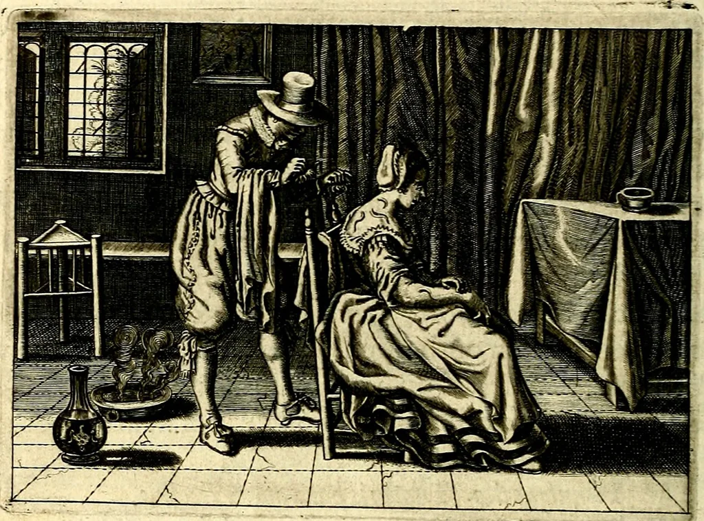 An illustration from Iohannis de Brunes I.C. Emblemata of Zinne-werck : voorghestelt, in Beelden, ghedichten, en breeder uijt-legginghen, tot uijt-druckinghe, en verbeteringhe van verscheijden feijlen onser eeuwe, 1661, leaf 95
