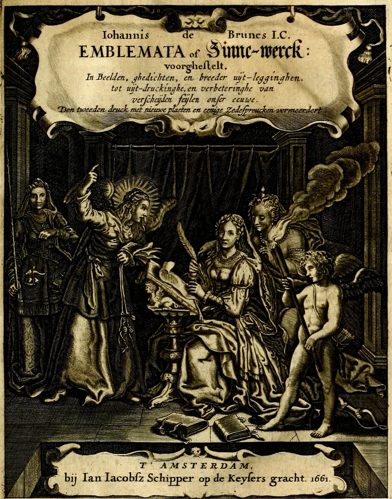 An illustration from Iohannis de Brunes I.C. Emblemata of Zinne-werck : voorghestelt, in Beelden, ghedichten, en breeder uijt-legginghen, tot uijt-druckinghe, en verbeteringhe van verscheijden feijlen onser eeuwe, 1661, leaf 8