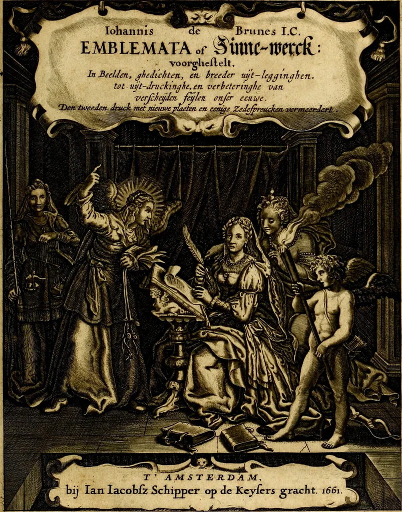An illustration from Iohannis de Brunes I.C. Emblemata of Zinne-werck : voorghestelt, in Beelden, ghedichten, en breeder uijt-legginghen, tot uijt-druckinghe, en verbeteringhe van verscheijden feijlen onser eeuwe, 1661, leaf 6