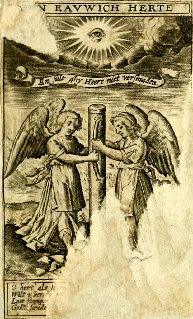 An illustration from Iohannis de Brunes I.C. Emblemata of Zinne-werck : voorghesteet, In Beelden, ghedichten, en breeder uijt-legginghen tot uijt-druckinghe, en verbeteringhe van verscheijden teijlen onser eeuwe. Spe et metu, 1624, leaf 376
