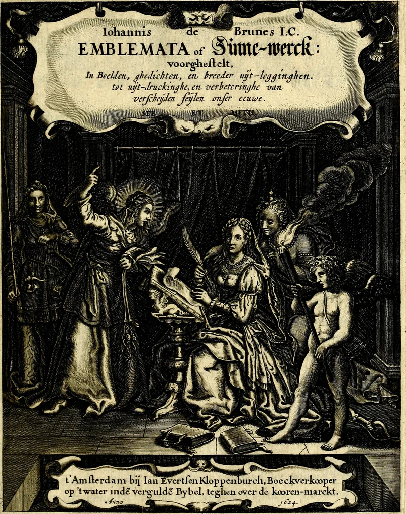 An illustration from Iohannis de Brunes I.C. Emblemata of Zinne-werck : voorghesteet, In Beelden, ghedichten, en breeder uijt-legginghen tot uijt-druckinghe, en verbeteringhe van verscheijden teijlen onser eeuwe. Spe et metu, 1624, leaf 6