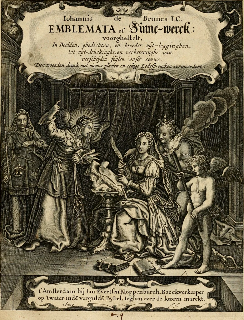 An illustration from Iohannis de Brunes I.C. Emblemata of zinne-werck : voorghestelt in beelden, ghedichten, en breeder uijt-legginghen, tot uijt-druckinghe en verbeteringhe van verscheijden feijlen onser eeuwe, 1636, leaf 12