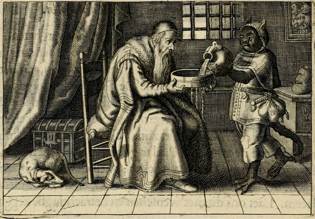 An illustration from Iohannis de Brunes I.C. Emblemata of zinne-werck : voorghestelt in beelden, ghedichten, en breeder uijt-legginghen, tot uijt-druckinghe en verbeteringhe van verscheijden feijlen onser eeuwe, 1636, leaf 145