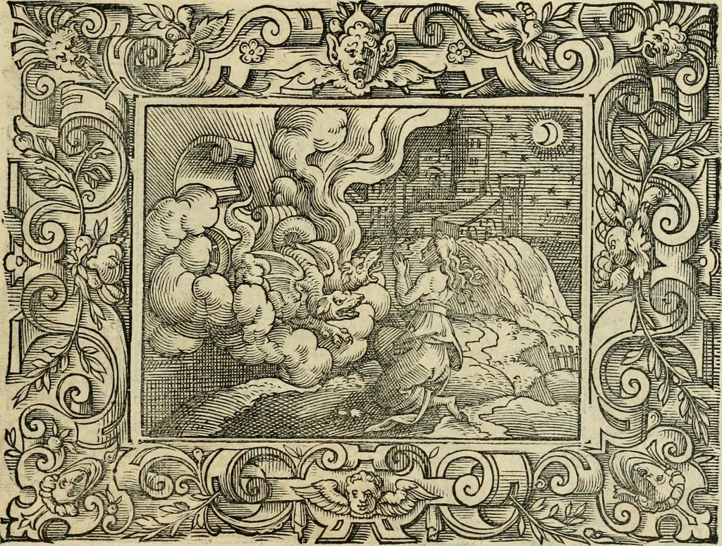 An illustration from Iohan. Posthii Germershemii Tetrasticha in Ovidii Metam. lib. XV. qvibus accesserunt Vergilij Solis figurae elegantiss. & iam primùm in lucem editae = Schoene Figuren auss dem fuertrefflichen Poeten Ouidio, allen Malern, Goldtschmiden, und Bildthauwern, zü nutz unnd gütem mit fleiss gerissen, 1563, leaf 100