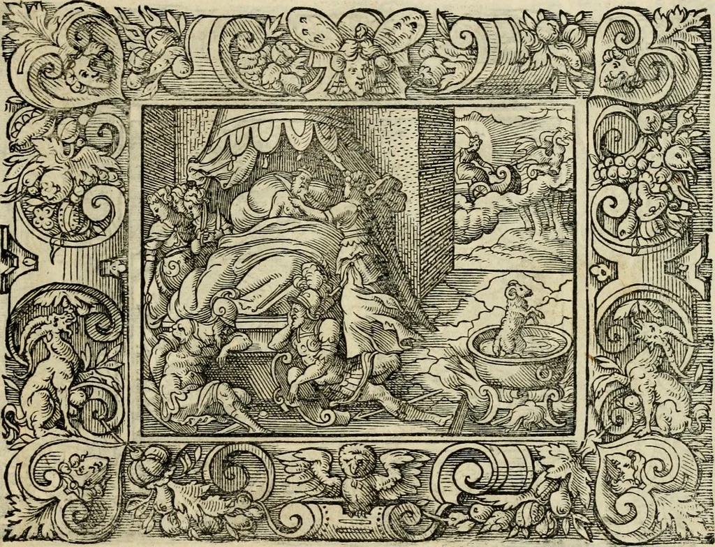 An illustration from Iohan. Posthii Germershemii Tetrasticha in Ovidii Metam. lib. XV. qvibus accesserunt Vergilij Solis figurae elegantiss. & iam primùm in lucem editae = Schoene Figuren auss dem fuertrefflichen Poeten Ouidio, allen Malern, Goldtschmiden, und Bildthauwern, zü nutz unnd gütem mit fleiss gerissen, 1563, leaf 102