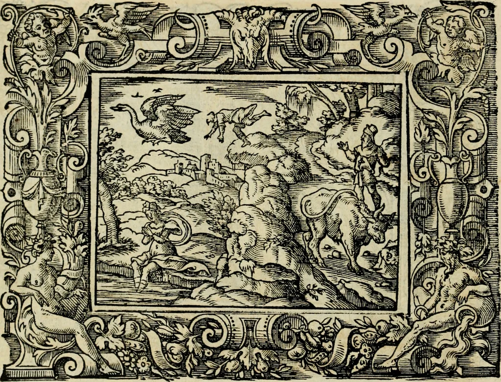 An illustration from Iohan. Posthii Germershemii Tetrasticha in Ovidii Metam. lib. XV. qvibus accesserunt Vergilij Solis figurae elegantiss. & iam primùm in lucem editae = Schoene Figuren auss dem fuertrefflichen Poeten Ouidio, allen Malern, Goldtschmiden, und Bildthauwern, zü nutz unnd gütem mit fleiss gerissen, 1563, leaf 103