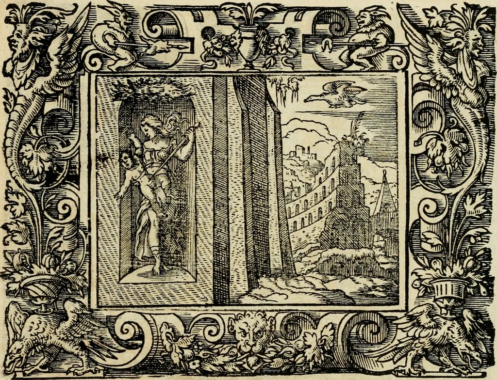 An illustration from Iohan. Posthii Germershemii Tetrasticha in Ovidii Metam. lib. XV. qvibus accesserunt Vergilij Solis figurae elegantiss. & iam primùm in lucem editae = Schoene Figuren auss dem fuertrefflichen Poeten Ouidio, allen Malern, Goldtschmiden, und Bildthauwern, zü nutz unnd gütem mit fleiss gerissen, 1563, leaf 104