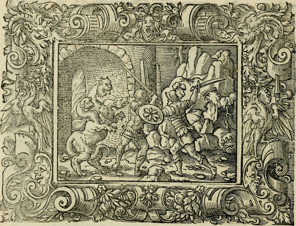 An illustration from Iohan. Posthii Germershemii Tetrasticha in Ovidii Metam. lib. XV. qvibus accesserunt Vergilij Solis figurae elegantiss. & iam primùm in lucem editae = Schoene Figuren auss dem fuertrefflichen Poeten Ouidio, allen Malern, Goldtschmiden, und Bildthauwern, zü nutz unnd gütem mit fleiss gerissen, 1563, leaf 105