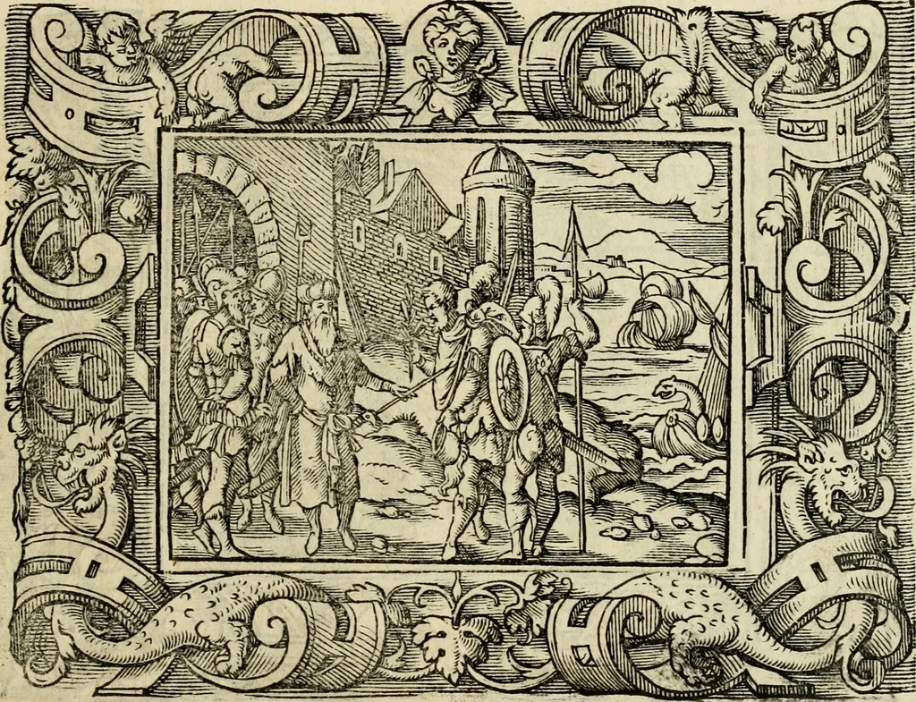 An illustration from Iohan. Posthii Germershemii Tetrasticha in Ovidii Metam. lib. XV. qvibus accesserunt Vergilij Solis figurae elegantiss. & iam primùm in lucem editae = Schoene Figuren auss dem fuertrefflichen Poeten Ouidio, allen Malern, Goldtschmiden, und Bildthauwern, zü nutz unnd gütem mit fleiss gerissen, 1563, leaf 106