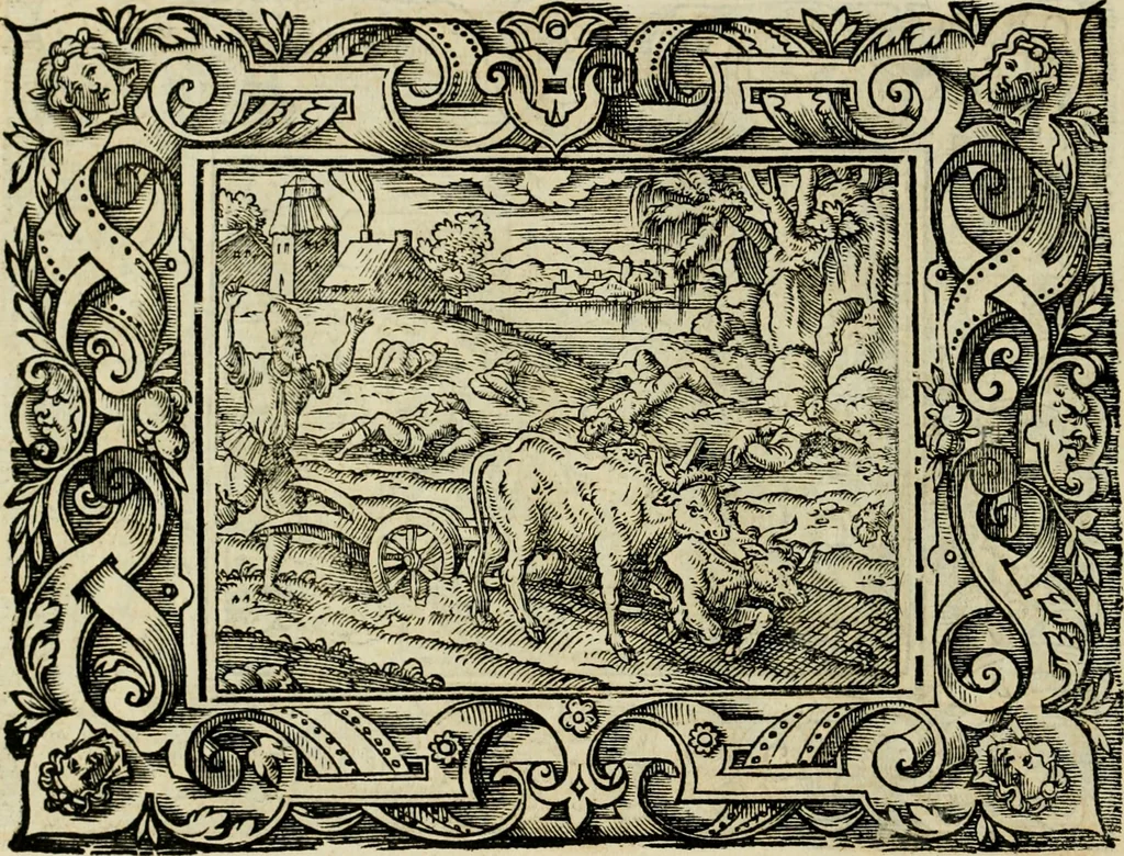 An illustration from Iohan. Posthii Germershemii Tetrasticha in Ovidii Metam. lib. XV. qvibus accesserunt Vergilij Solis figurae elegantiss. & iam primùm in lucem editae = Schoene Figuren auss dem fuertrefflichen Poeten Ouidio, allen Malern, Goldtschmiden, und Bildthauwern, zü nutz unnd gütem mit fleiss gerissen, 1563, leaf 107