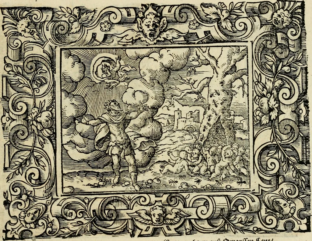 An illustration from Iohan. Posthii Germershemii Tetrasticha in Ovidii Metam. lib. XV. qvibus accesserunt Vergilij Solis figurae elegantiss. & iam primùm in lucem editae = Schoene Figuren auss dem fuertrefflichen Poeten Ouidio, allen Malern, Goldtschmiden, und Bildthauwern, zü nutz unnd gütem mit fleiss gerissen, 1563, leaf 108