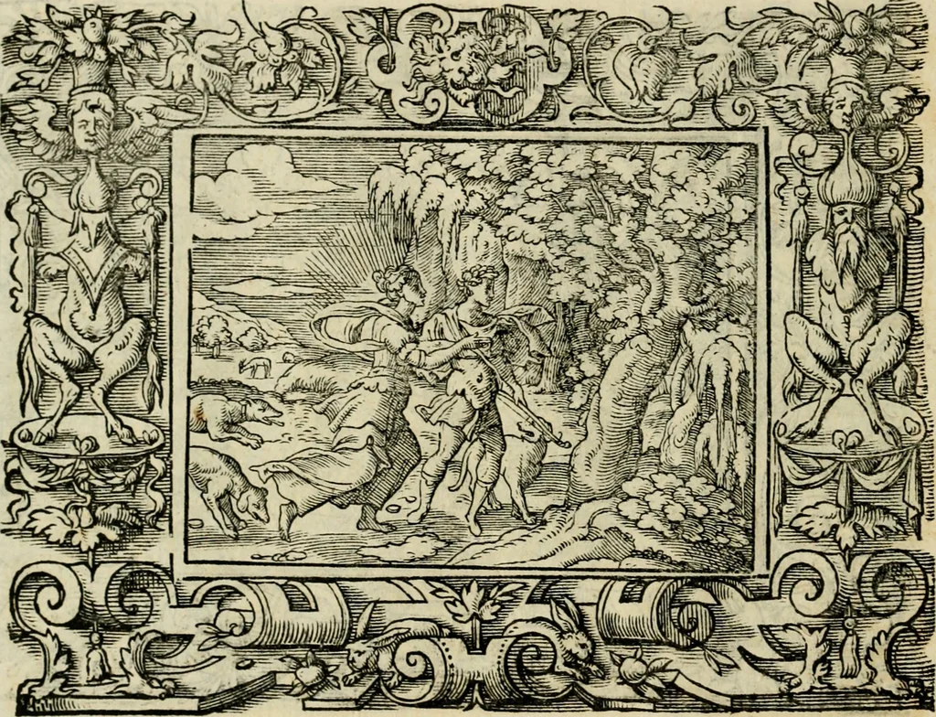 An illustration from Iohan. Posthii Germershemii Tetrasticha in Ovidii Metam. lib. XV. qvibus accesserunt Vergilij Solis figurae elegantiss. & iam primùm in lucem editae = Schoene Figuren auss dem fuertrefflichen Poeten Ouidio, allen Malern, Goldtschmiden, und Bildthauwern, zü nutz unnd gütem mit fleiss gerissen, 1563, leaf 109