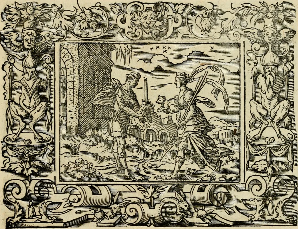 An illustration from Iohan. Posthii Germershemii Tetrasticha in Ovidii Metam. lib. XV. qvibus accesserunt Vergilij Solis figurae elegantiss. & iam primùm in lucem editae = Schoene Figuren auss dem fuertrefflichen Poeten Ouidio, allen Malern, Goldtschmiden, und Bildthauwern, zü nutz unnd gütem mit fleiss gerissen, 1563, leaf 110