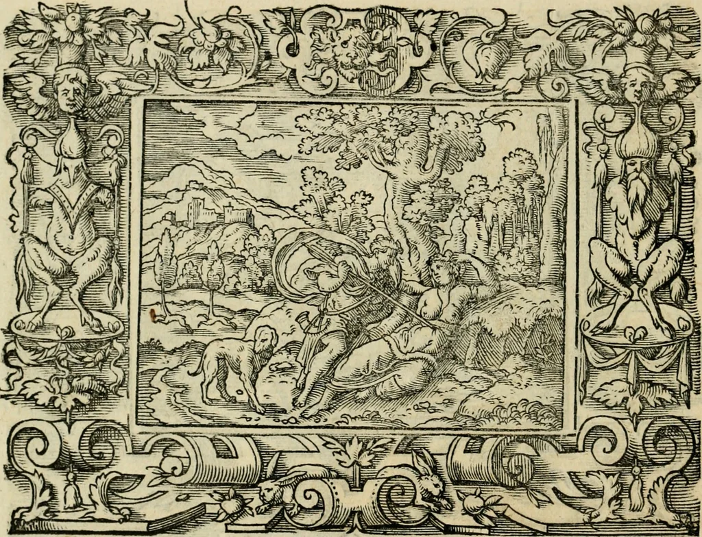An illustration from Iohan. Posthii Germershemii Tetrasticha in Ovidii Metam. lib. XV. qvibus accesserunt Vergilij Solis figurae elegantiss. & iam primùm in lucem editae = Schoene Figuren auss dem fuertrefflichen Poeten Ouidio, allen Malern, Goldtschmiden, und Bildthauwern, zü nutz unnd gütem mit fleiss gerissen, 1563, leaf 111