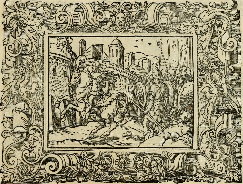 An illustration from Iohan. Posthii Germershemii Tetrasticha in Ovidii Metam. lib. XV. qvibus accesserunt Vergilij Solis figurae elegantiss. & iam primùm in lucem editae = Schoene Figuren auss dem fuertrefflichen Poeten Ouidio, allen Malern, Goldtschmiden, und Bildthauwern, zü nutz unnd gütem mit fleiss gerissen, 1563, leaf 112