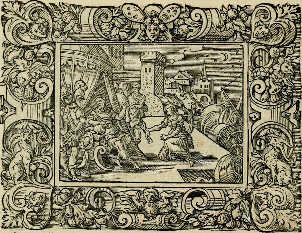 An illustration from Iohan. Posthii Germershemii Tetrasticha in Ovidii Metam. lib. XV. qvibus accesserunt Vergilij Solis figurae elegantiss. & iam primùm in lucem editae = Schoene Figuren auss dem fuertrefflichen Poeten Ouidio, allen Malern, Goldtschmiden, und Bildthauwern, zü nutz unnd gütem mit fleiss gerissen, 1563, leaf 113