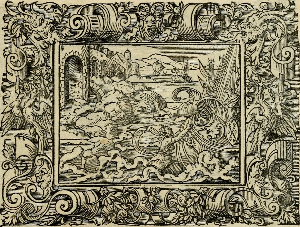 An illustration from Iohan. Posthii Germershemii Tetrasticha in Ovidii Metam. lib. XV. qvibus accesserunt Vergilij Solis figurae elegantiss. & iam primùm in lucem editae = Schoene Figuren auss dem fuertrefflichen Poeten Ouidio, allen Malern, Goldtschmiden, und Bildthauwern, zü nutz unnd gütem mit fleiss gerissen, 1563, leaf 114