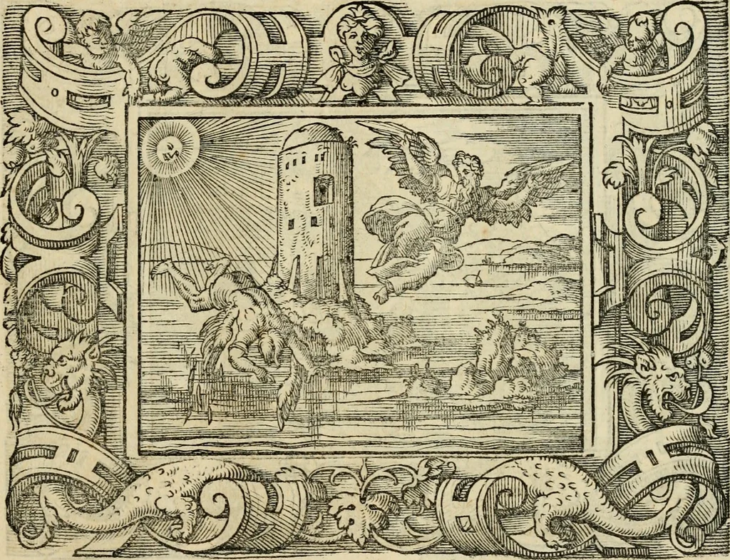 An illustration from Iohan. Posthii Germershemii Tetrasticha in Ovidii Metam. lib. XV. qvibus accesserunt Vergilij Solis figurae elegantiss. & iam primùm in lucem editae = Schoene Figuren auss dem fuertrefflichen Poeten Ouidio, allen Malern, Goldtschmiden, und Bildthauwern, zü nutz unnd gütem mit fleiss gerissen, 1563, leaf 116