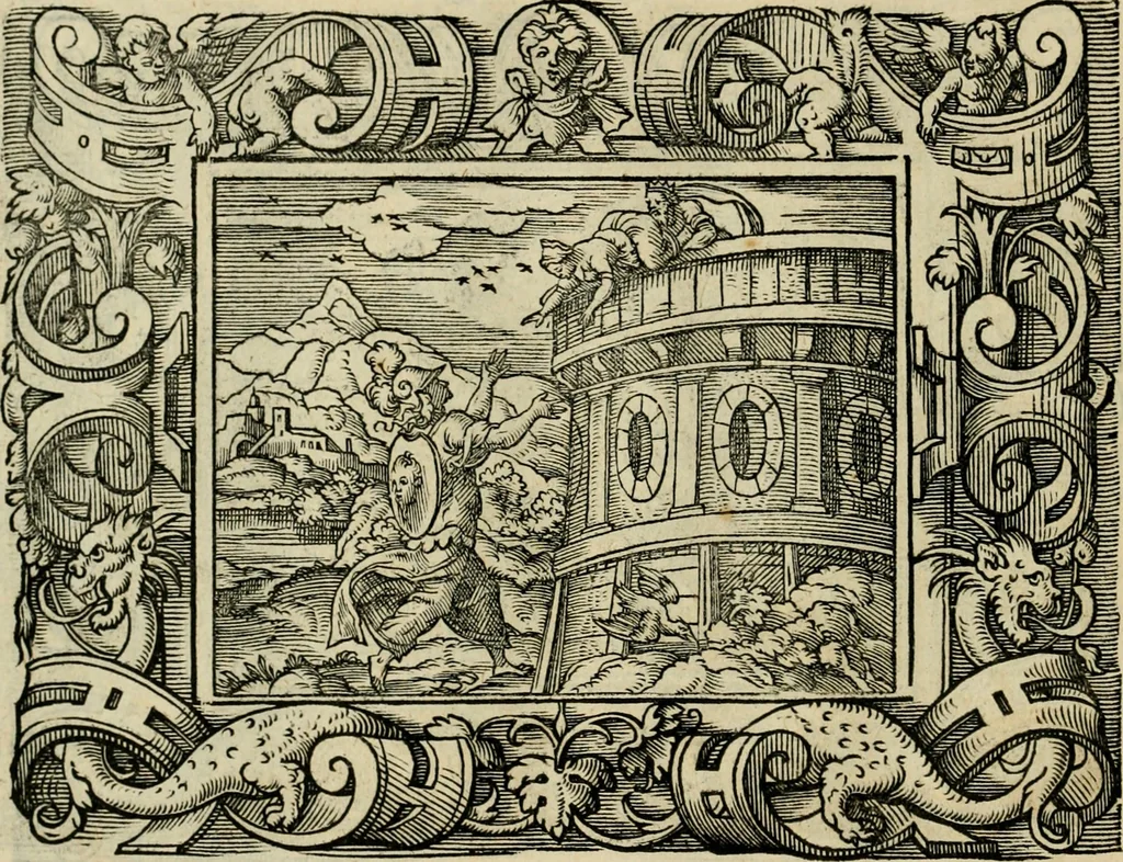 An illustration from Iohan. Posthii Germershemii Tetrasticha in Ovidii Metam. lib. XV. qvibus accesserunt Vergilij Solis figurae elegantiss. & iam primùm in lucem editae = Schoene Figuren auss dem fuertrefflichen Poeten Ouidio, allen Malern, Goldtschmiden, und Bildthauwern, zü nutz unnd gütem mit fleiss gerissen, 1563, leaf 117