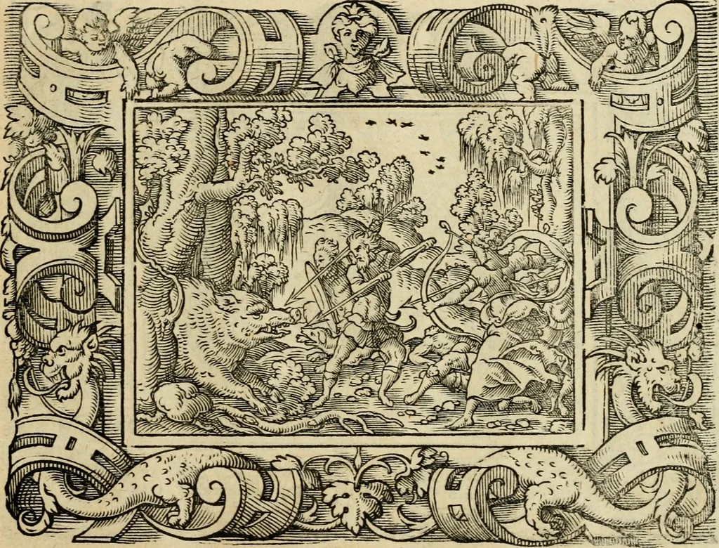 An illustration from Iohan. Posthii Germershemii Tetrasticha in Ovidii Metam. lib. XV. qvibus accesserunt Vergilij Solis figurae elegantiss. & iam primùm in lucem editae = Schoene Figuren auss dem fuertrefflichen Poeten Ouidio, allen Malern, Goldtschmiden, und Bildthauwern, zü nutz unnd gütem mit fleiss gerissen, 1563, leaf 118
