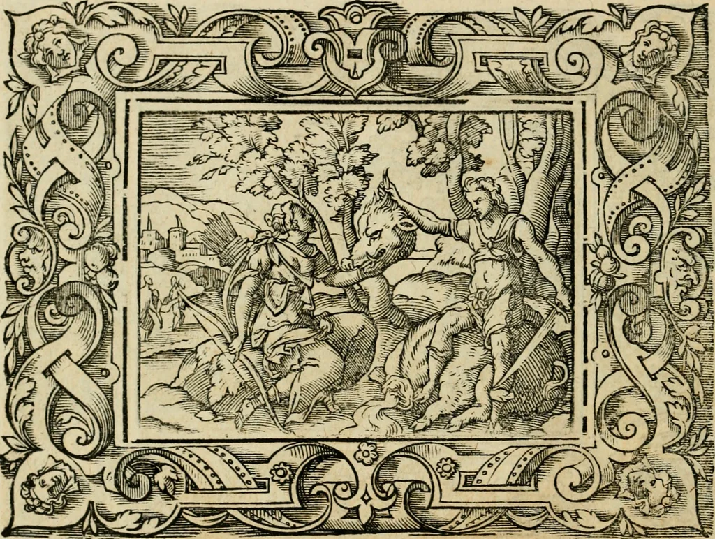 An illustration from Iohan. Posthii Germershemii Tetrasticha in Ovidii Metam. lib. XV. qvibus accesserunt Vergilij Solis figurae elegantiss. & iam primùm in lucem editae = Schoene Figuren auss dem fuertrefflichen Poeten Ouidio, allen Malern, Goldtschmiden, und Bildthauwern, zü nutz unnd gütem mit fleiss gerissen, 1563, leaf 119