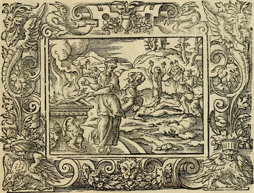 An illustration from Iohan. Posthii Germershemii Tetrasticha in Ovidii Metam. lib. XV. qvibus accesserunt Vergilij Solis figurae elegantiss. & iam primùm in lucem editae = Schoene Figuren auss dem fuertrefflichen Poeten Ouidio, allen Malern, Goldtschmiden, und Bildthauwern, zü nutz unnd gütem mit fleiss gerissen, 1563, leaf 120