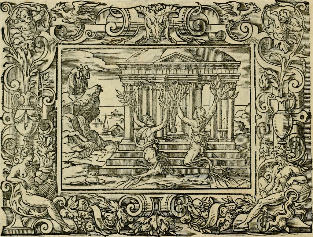 An illustration from Iohan. Posthii Germershemii Tetrasticha in Ovidii Metam. lib. XV. qvibus accesserunt Vergilij Solis figurae elegantiss. & iam primùm in lucem editae = Schoene Figuren auss dem fuertrefflichen Poeten Ouidio, allen Malern, Goldtschmiden, und Bildthauwern, zü nutz unnd gütem mit fleiss gerissen, 1563, leaf 123