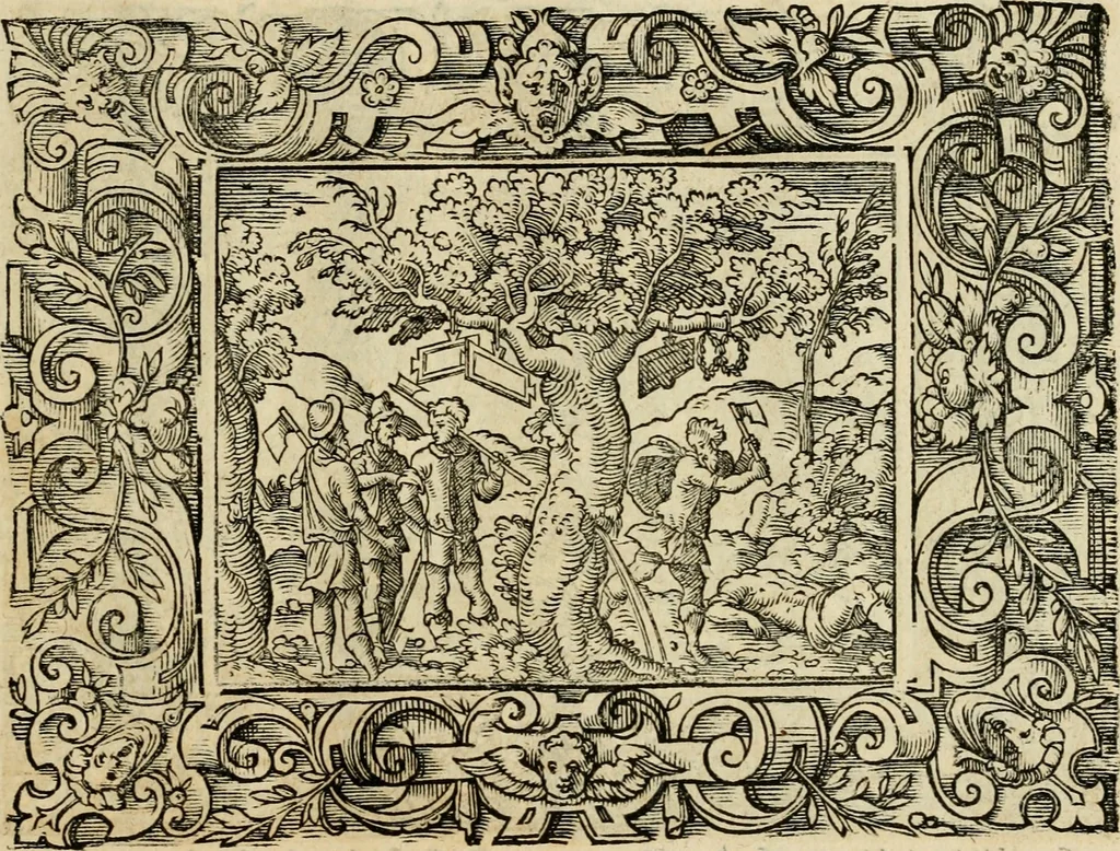 An illustration from Iohan. Posthii Germershemii Tetrasticha in Ovidii Metam. lib. XV. qvibus accesserunt Vergilij Solis figurae elegantiss. & iam primùm in lucem editae = Schoene Figuren auss dem fuertrefflichen Poeten Ouidio, allen Malern, Goldtschmiden, und Bildthauwern, zü nutz unnd gütem mit fleiss gerissen, 1563, leaf 124