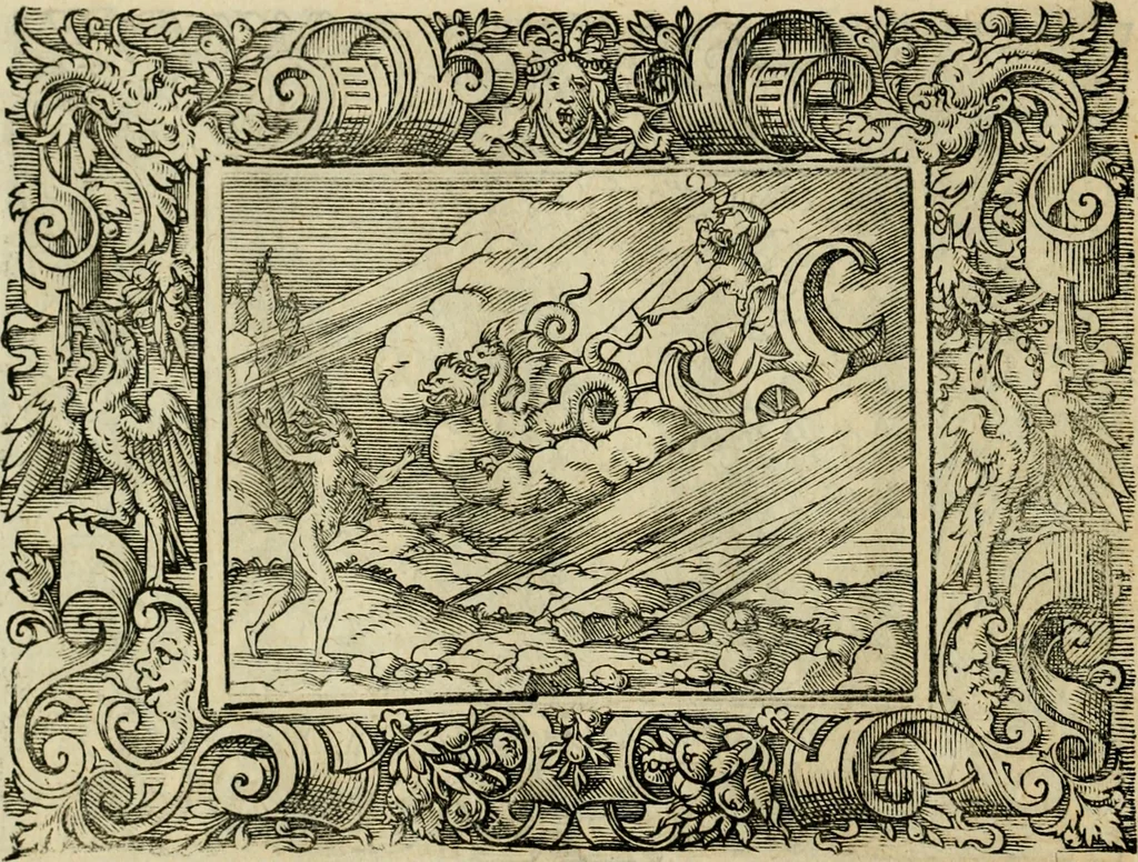An illustration from Iohan. Posthii Germershemii Tetrasticha in Ovidii Metam. lib. XV. qvibus accesserunt Vergilij Solis figurae elegantiss. & iam primùm in lucem editae = Schoene Figuren auss dem fuertrefflichen Poeten Ouidio, allen Malern, Goldtschmiden, und Bildthauwern, zü nutz unnd gütem mit fleiss gerissen, 1563, leaf 125