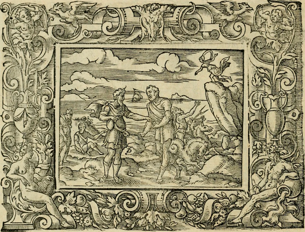 An illustration from Iohan. Posthii Germershemii Tetrasticha in Ovidii Metam. lib. XV. qvibus accesserunt Vergilij Solis figurae elegantiss. & iam primùm in lucem editae = Schoene Figuren auss dem fuertrefflichen Poeten Ouidio, allen Malern, Goldtschmiden, und Bildthauwern, zü nutz unnd gütem mit fleiss gerissen, 1563, leaf 127