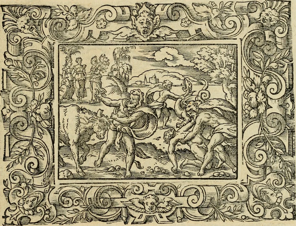 An illustration from Iohan. Posthii Germershemii Tetrasticha in Ovidii Metam. lib. XV. qvibus accesserunt Vergilij Solis figurae elegantiss. & iam primùm in lucem editae = Schoene Figuren auss dem fuertrefflichen Poeten Ouidio, allen Malern, Goldtschmiden, und Bildthauwern, zü nutz unnd gütem mit fleiss gerissen, 1563, leaf 128
