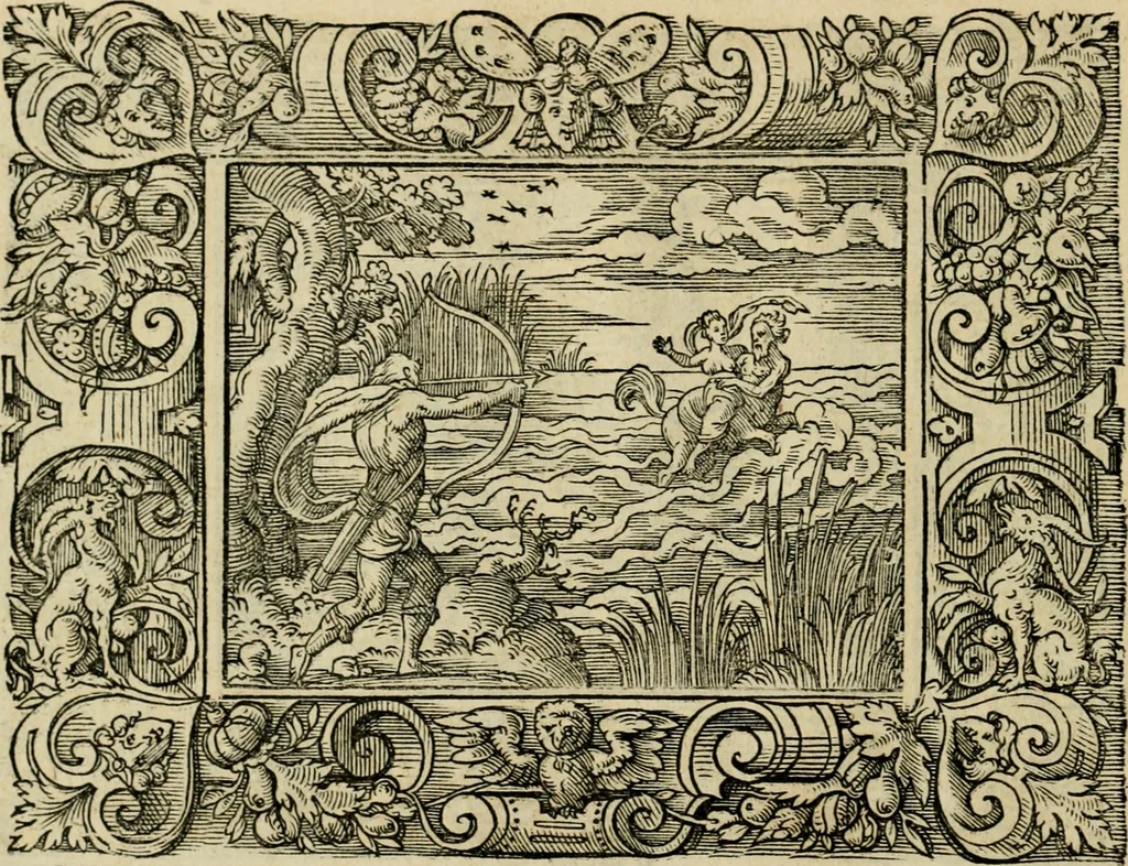 An illustration from Iohan. Posthii Germershemii Tetrasticha in Ovidii Metam. lib. XV. qvibus accesserunt Vergilij Solis figurae elegantiss. & iam primùm in lucem editae = Schoene Figuren auss dem fuertrefflichen Poeten Ouidio, allen Malern, Goldtschmiden, und Bildthauwern, zü nutz unnd gütem mit fleiss gerissen, 1563, leaf 129