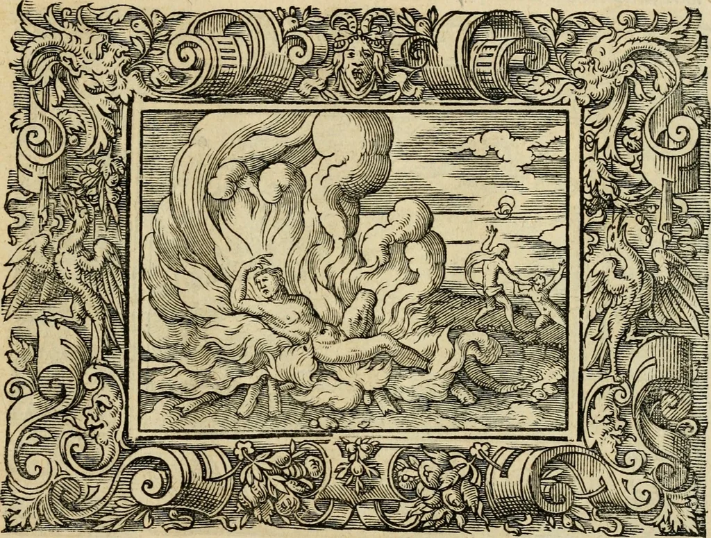 An illustration from Iohan. Posthii Germershemii Tetrasticha in Ovidii Metam. lib. XV. qvibus accesserunt Vergilij Solis figurae elegantiss. & iam primùm in lucem editae = Schoene Figuren auss dem fuertrefflichen Poeten Ouidio, allen Malern, Goldtschmiden, und Bildthauwern, zü nutz unnd gütem mit fleiss gerissen, 1563, leaf 130