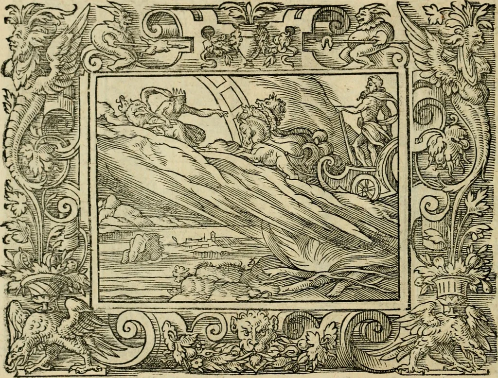 An illustration from Iohan. Posthii Germershemii Tetrasticha in Ovidii Metam. lib. XV. qvibus accesserunt Vergilij Solis figurae elegantiss. & iam primùm in lucem editae = Schoene Figuren auss dem fuertrefflichen Poeten Ouidio, allen Malern, Goldtschmiden, und Bildthauwern, zü nutz unnd gütem mit fleiss gerissen, 1563, leaf 131