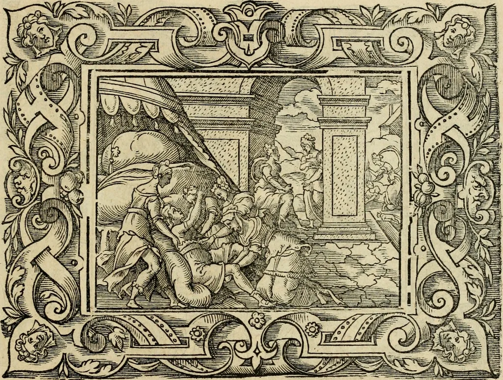 An illustration from Iohan. Posthii Germershemii Tetrasticha in Ovidii Metam. lib. XV. qvibus accesserunt Vergilij Solis figurae elegantiss. & iam primùm in lucem editae = Schoene Figuren auss dem fuertrefflichen Poeten Ouidio, allen Malern, Goldtschmiden, und Bildthauwern, zü nutz unnd gütem mit fleiss gerissen, 1563, leaf 132