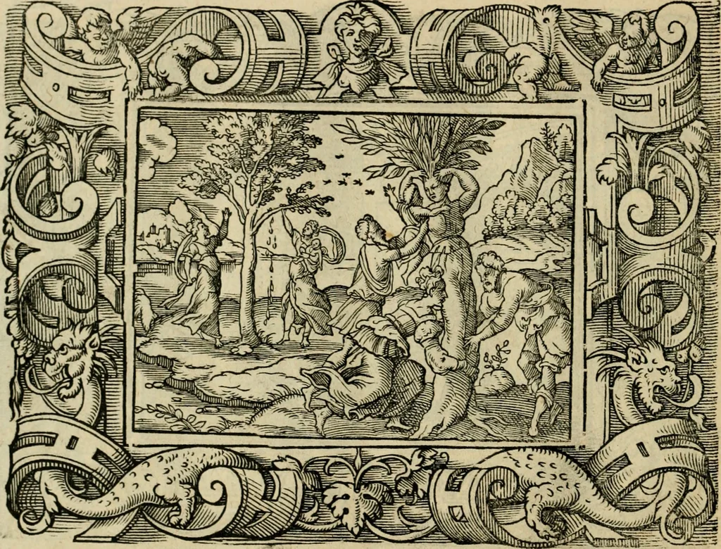 An illustration from Iohan. Posthii Germershemii Tetrasticha in Ovidii Metam. lib. XV. qvibus accesserunt Vergilij Solis figurae elegantiss. & iam primùm in lucem editae = Schoene Figuren auss dem fuertrefflichen Poeten Ouidio, allen Malern, Goldtschmiden, und Bildthauwern, zü nutz unnd gütem mit fleiss gerissen, 1563, leaf 133