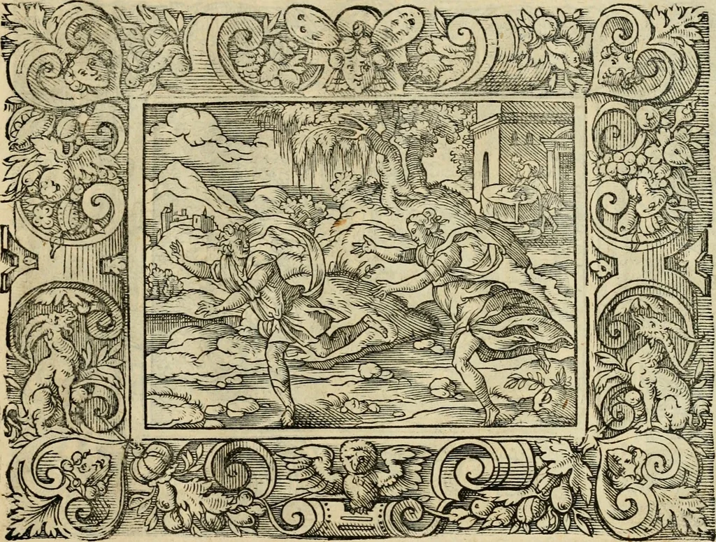 An illustration from Iohan. Posthii Germershemii Tetrasticha in Ovidii Metam. lib. XV. qvibus accesserunt Vergilij Solis figurae elegantiss. & iam primùm in lucem editae = Schoene Figuren auss dem fuertrefflichen Poeten Ouidio, allen Malern, Goldtschmiden, und Bildthauwern, zü nutz unnd gütem mit fleiss gerissen, 1563, leaf 134