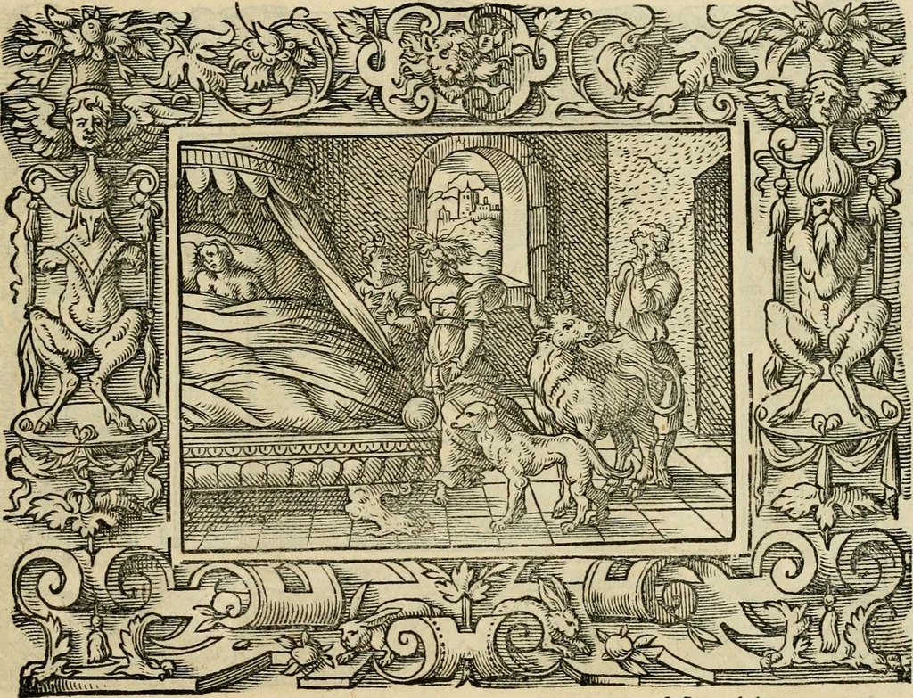 An illustration from Iohan. Posthii Germershemii Tetrasticha in Ovidii Metam. lib. XV. qvibus accesserunt Vergilij Solis figurae elegantiss. & iam primùm in lucem editae = Schoene Figuren auss dem fuertrefflichen Poeten Ouidio, allen Malern, Goldtschmiden, und Bildthauwern, zü nutz unnd gütem mit fleiss gerissen, 1563, leaf 136