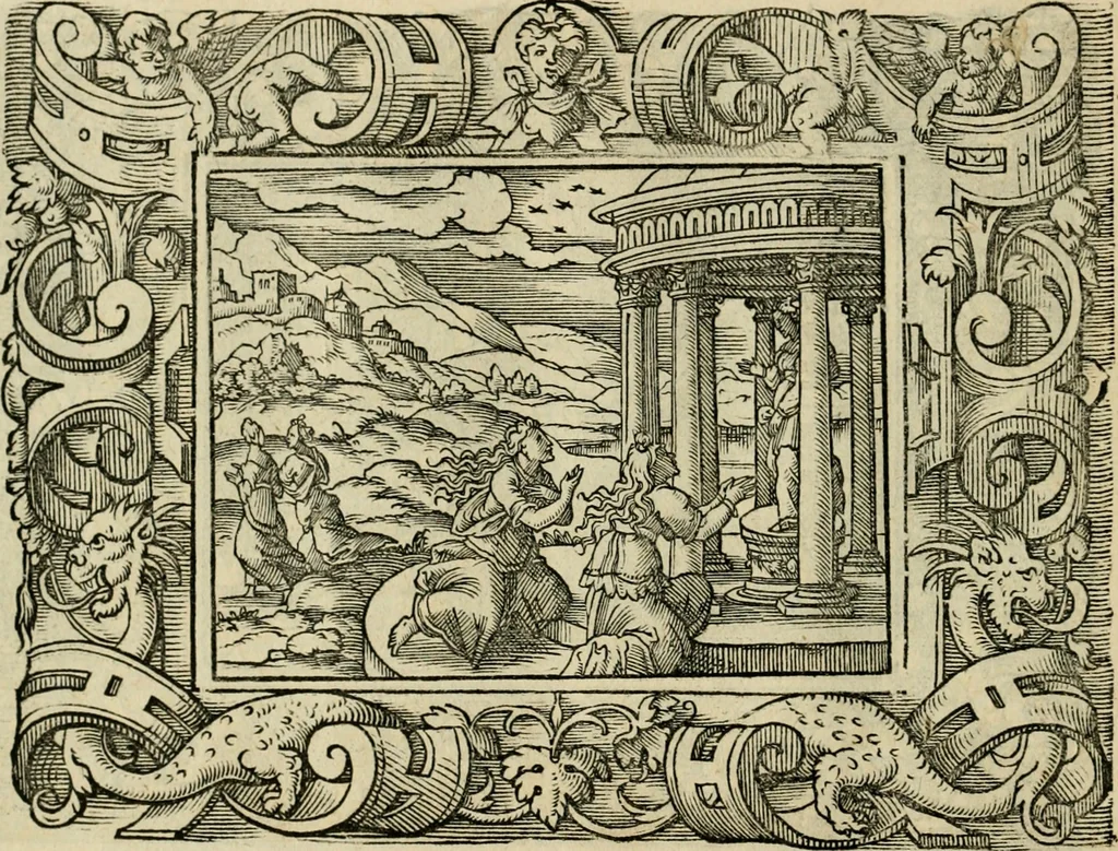 An illustration from Iohan. Posthii Germershemii Tetrasticha in Ovidii Metam. lib. XV. qvibus accesserunt Vergilij Solis figurae elegantiss. & iam primùm in lucem editae = Schoene Figuren auss dem fuertrefflichen Poeten Ouidio, allen Malern, Goldtschmiden, und Bildthauwern, zü nutz unnd gütem mit fleiss gerissen, 1563, leaf 137