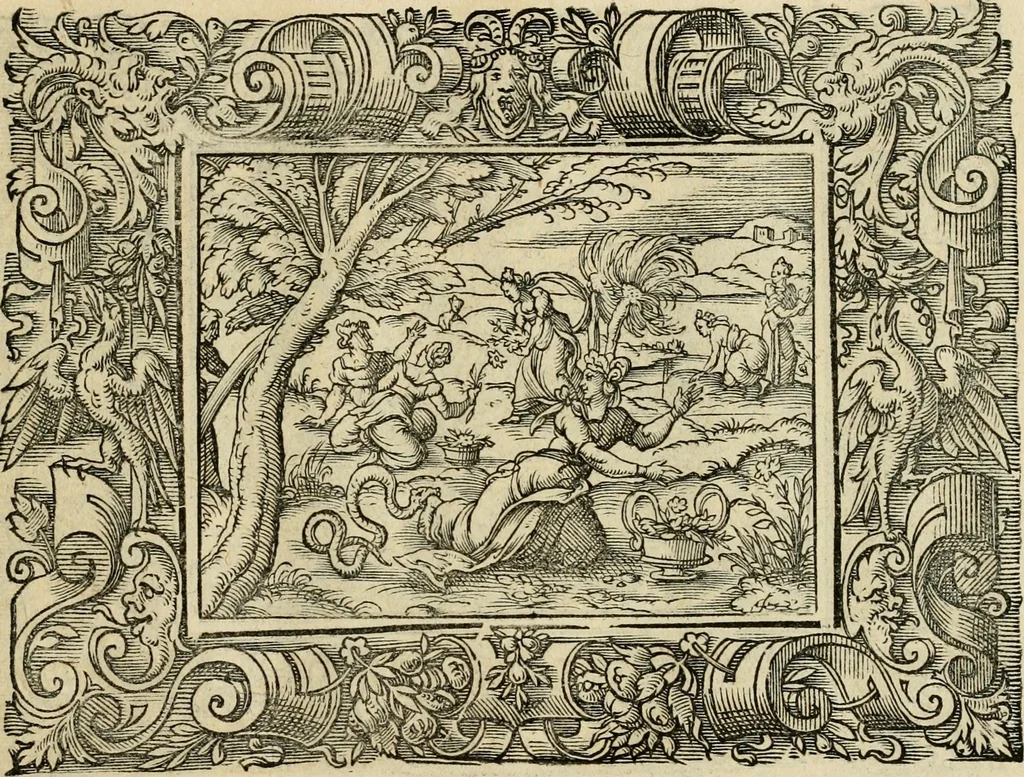 An illustration from Iohan. Posthii Germershemii Tetrasticha in Ovidii Metam. lib. XV. qvibus accesserunt Vergilij Solis figurae elegantiss. & iam primùm in lucem editae = Schoene Figuren auss dem fuertrefflichen Poeten Ouidio, allen Malern, Goldtschmiden, und Bildthauwern, zü nutz unnd gütem mit fleiss gerissen, 1563, leaf 138